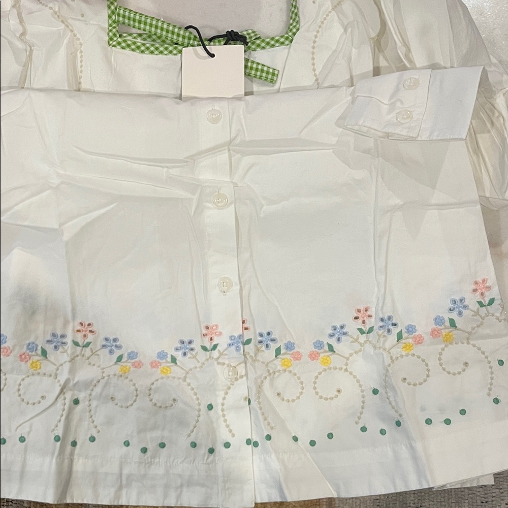 Damson Madder White Embroidered Long Sleeve Dress with Green Trim - Picture 6 of 9